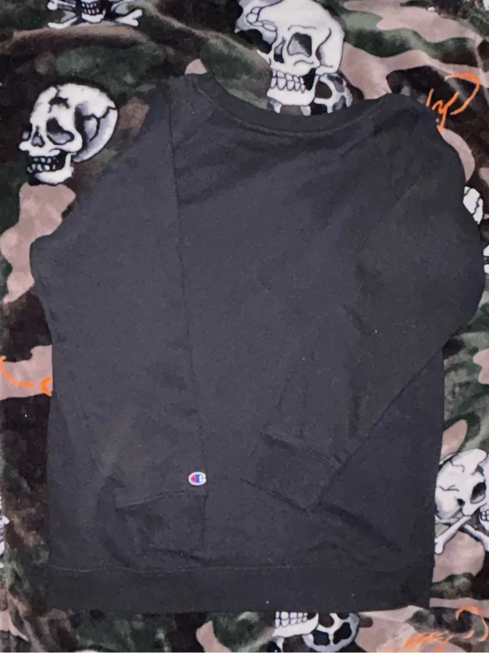 Champion Black Crewneck with Script Logo and Red Accent